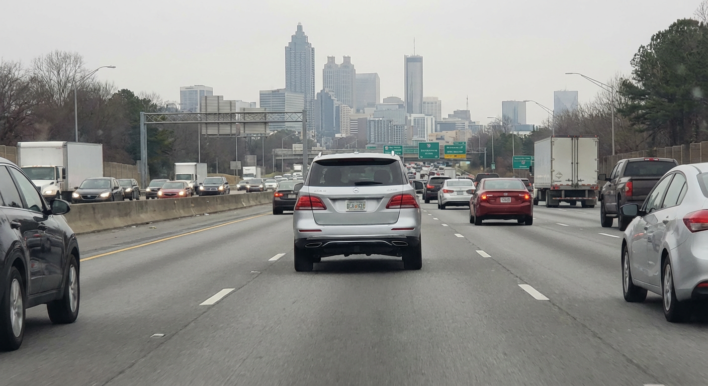 Mercedes-Benz adaptive cruise control display active on I-85 near Duluth GA